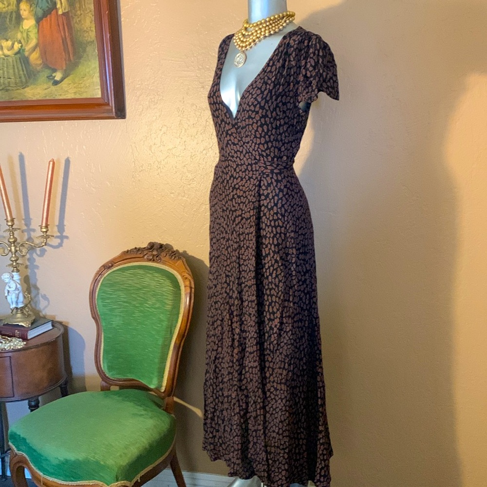 Free People Black & Brown Print Wrap MIDI Dress.  Sz XS